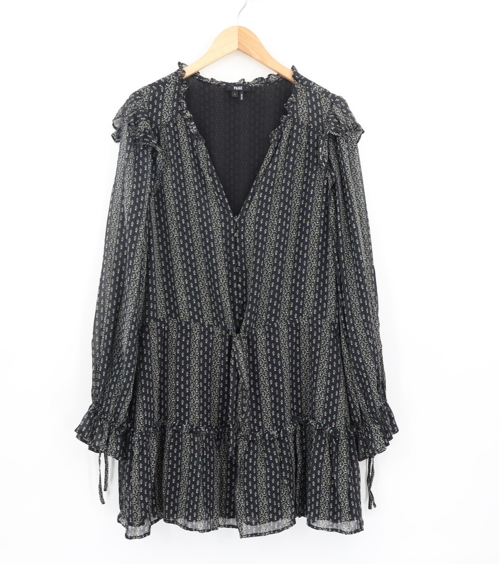 Paige L Pomello Silk Ruffle Mini Dress Dark Romantic Cottagecore Black Floral
